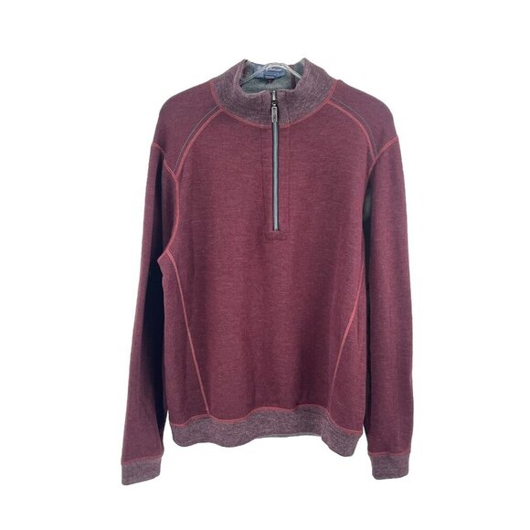 Tommy Bahama Reversible Quarter Zip Pullover Sweater Maroon Gray Cotton Tencel M - Picture 1 of 4